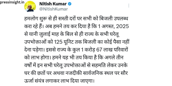 बिहार मे 125 यूनिट बिजली फ्री